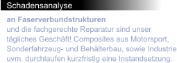 Schadensanalyse an Faserverbundstrukturen und die fachgerechte Reparatur sind unser tägliches Geschäft! Composites aus Motorsport, Sonderfahrzeug- und Behälterbau, sowie Industrie uvm. durchlaufen kurzfristig eine Instandsetzung.